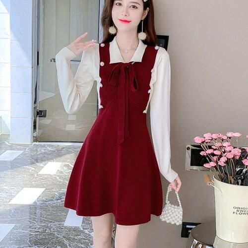 One Piece Korean Ladies Slim Sweater Dress Short Dress 2021 Autumn Winter Elegant Splicing Fake Two Pieces Knitted Sweater Dress
