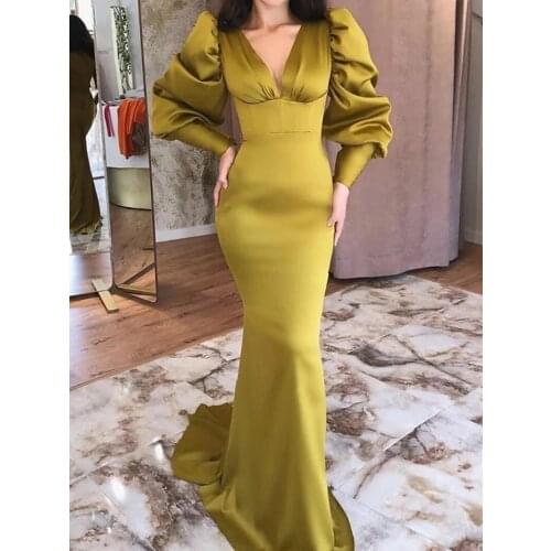 Mermaid Evening Party Dress Abendkleider Long Puffy Sleeve Fashion Formal Prom Gown Abiye Arabic robe de soiree
