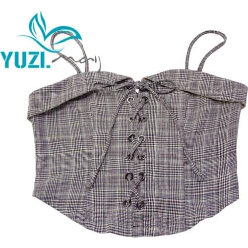 Vest Female 2018 Yuzi.may Boho New Cotton Waistcoat Women Strapless Camis Bandage Bow Plaid Short Vests B9263