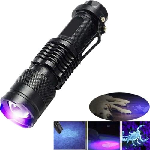 ZK20 Mini Zoomable 3 Modes Scorpion UV LED Flashlight Ultraviolet Torch Money Detector Pet Urine Stains Detecto