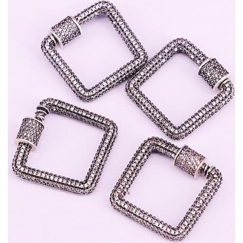 4Pcs, Vintage Antique Silver Color CZ Micro Pave Square Carabiner Lock Crystal Zirconia Clasp Jewelry Accessories
