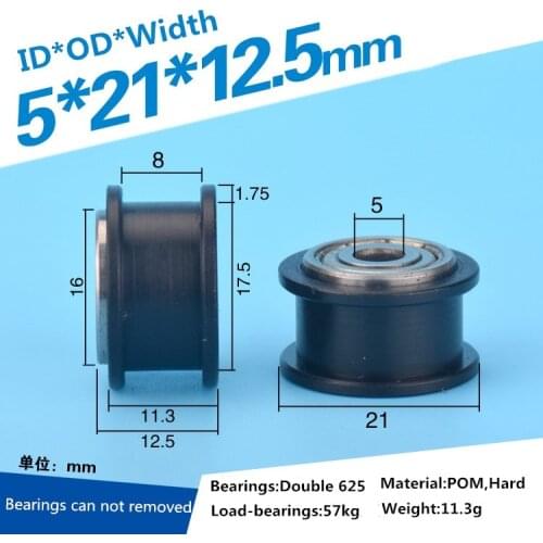 5PCS plastic delrin H type pulley roller idler wheel high quality black color 5x21x12.5mm ball bearing roller POM wheel
