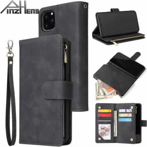 PINZHENG Multi-function Zipper Bag Mobile Phone Leather Case For iPhone XS 11 12 Protective Case Wallet Bracket Flip Phone Case