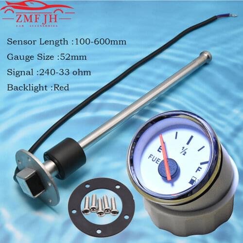 Car Boat Fuel Level Sensor for 240-33 ohm Fuel Level Gauge with 150 200 300 400mm Fuel Sending Unit 52mm Gauge with Red Light