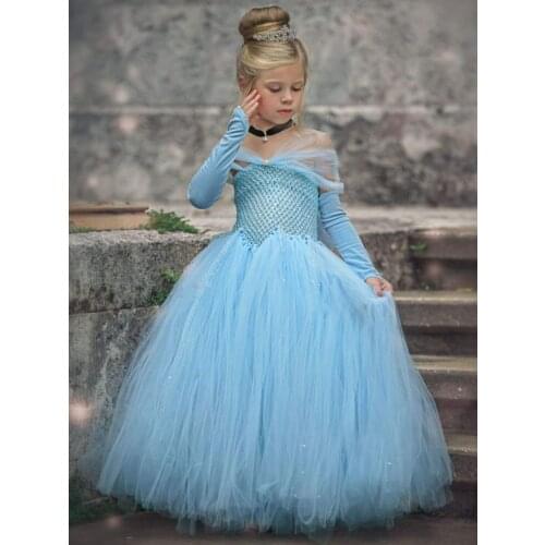 Girls Blue Glitter Vintage Tutu Dress Kids Crochet Sequin Tulle Dress Ball Gown Children Party Costume Evening Princess Dresses