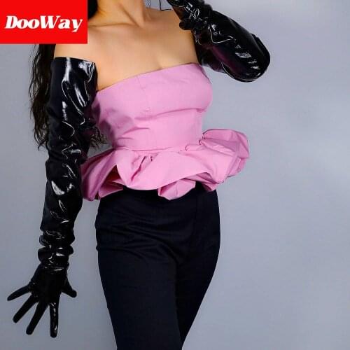 DooWay Unisex Shoulder Length Patent Leather Gloves for Women Costumes Party Oversized Loose Wetlook Black