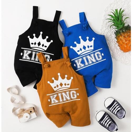 0-24M Baby Boys Suspender Romper Letter Crown Print Sleeveless Square Collar Short Jumpsuit Spring Autumn Casual Rompers