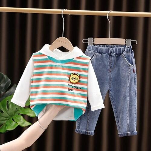 Baby Boys Clothing Sets Autumn Kids Stripe Cartoon Vest Hooded T Shirt Jeans Children Casual Sportswear Infant Outfit Clothes