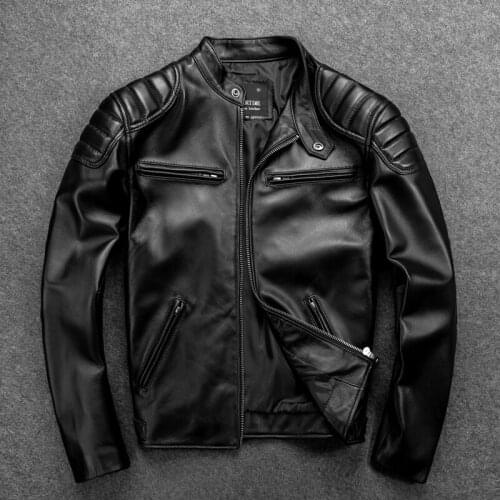 2021New Mens Genuine High Quality Sheepskin Leather Jacket Motorcycle 100% Sheepskin Fashion Slim Stand Collar Jacket Coat