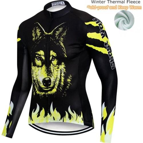 Men Winter Thermal Fleece Cycling Jersey Long Sleeve Clothing Riding Bike Jersey Sport Shirt Maillot Ropa Ciclismo Wolf Black