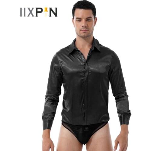 Mens Sexy Lingerie Jumpsuit Sleepwear Button Down Long Sleeve Satin Catsuit Turn-down Collar See-through Mesh Panties Bodycon
