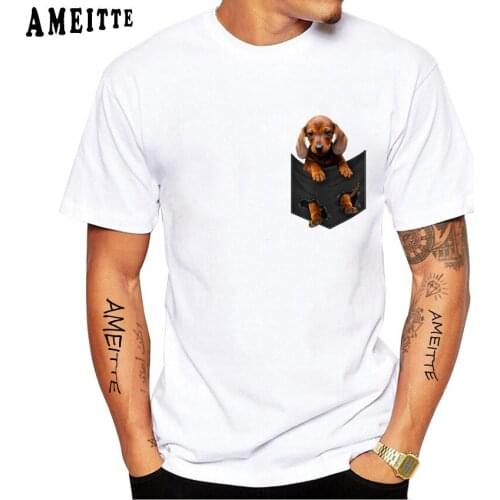 New Summer Men Short Sleeve Funny Dachshund in My Pocket Print T-Shirt Fashion White Casual Tops Hip Hop Dog Design Cool Boy Tee