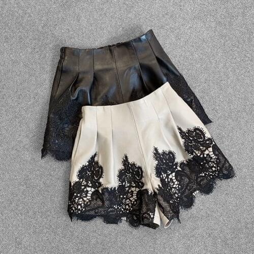 Spring Autumn 2021 fashion womens lace genuine leather shorts B783