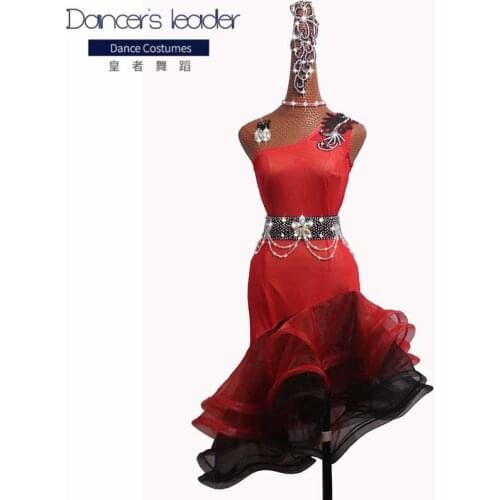 High-end Custom Latin Dance Dress Female Adult Oblique Shoulder Sleeveless Fishbone Dance Dress Chacha Rumba Competition Costume