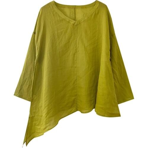 Summer ramie solid color V-neck loose temperament top womens elegant casual T-shirt A23