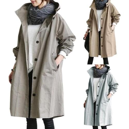 Women Autumn Solid Color Pocket Hooded Windbreaker Long Trench Coat Outerwear куртка женская весна