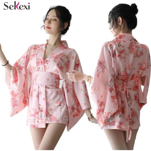 Women Pajama Sexy Lingerie Nightgown Long Dress Erotic Underwear Ladies Japanese Sakura Printed Fabric Kimono Sleepwear For Sex