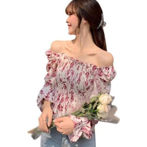 Women Floral Print Square Collar Blouses Long Sleeve Sexy Sweet Chiffon Shirt Tops
