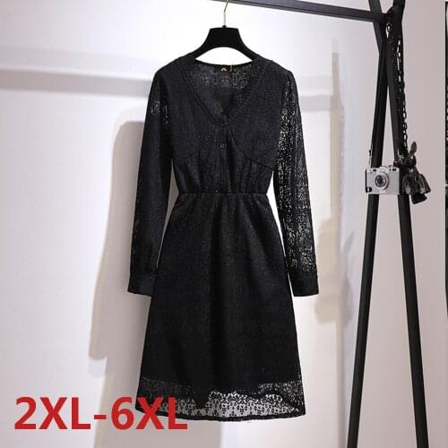 New Big Size Spring Dress Woman Elegant V-Neck Embroidered Lace Hollow Out Dress Vintage Ladies Chiffon Plus Size Women Clothing