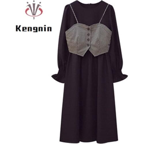 Loose Oversized Women Dresses Sets 2021 Autumn Vintage Black Dresses + Plaid Vest Two Piece Sets Lady Suits Clothing KE1679