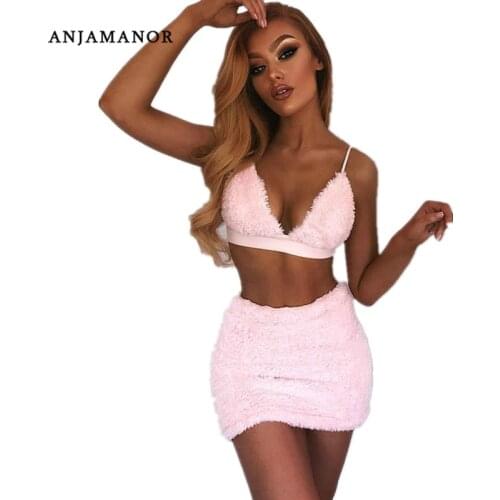 ANJAMANOR Faux Fur Pink Sexy Two Piece Set Halter Bralette Crop Top and Mini Skirt Autumn Winter Outfits Club Dress Suit D34AI17