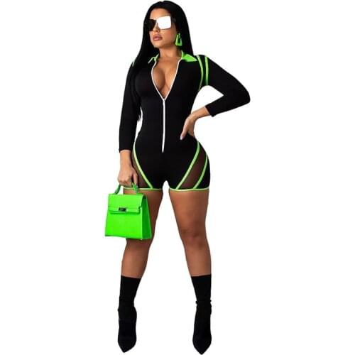 2019 New Neon Striped Sexy Mesh Shorts Jumpsuit Women Streetwear Long Sleeve Elegant Rompers Summer Overalls Plus Size Playsuit
