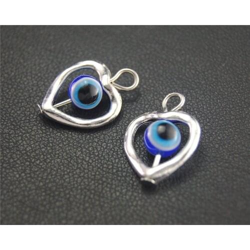 20pcs Silver Color heart spacer with blue evil eye beads Charm Pendant DIY Necklace Bracelet Bangle Findings A1987