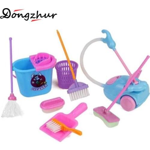9pcs/set Dollhouse Simulation Cleaning Tools Children Pretend Play Toy Mini Mop Trash Bins Clean Tools Model Kids Play House Toy