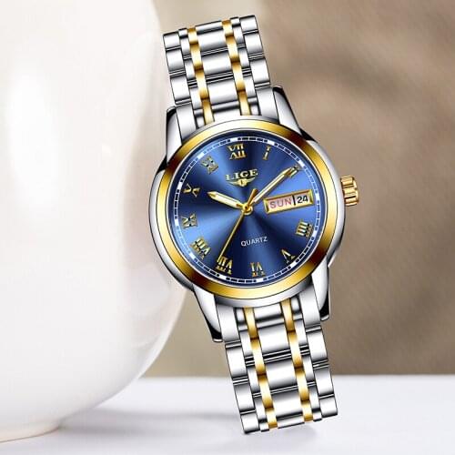 LIGE Fashion Women Watches Gold Blue Ladies Bracelet Watches Reloj Mujer 2020 New Creative Waterproof Quartz Watch For Women+Box