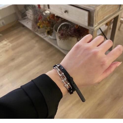 Choker 925 sterling silver horseshoe buckle stitching cowhide necklace & bracelet fashionable western style cool punk jewelry