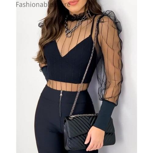 Women Solid Color Frill Hem Mesh Lantern Sleeve Blouse