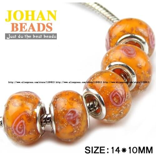 JHNBY European Beads Orange 5mm Big Hole Glass Bead 10pcs Fashion Round Loose beads fit Braclets Jewelry accessories making DIY