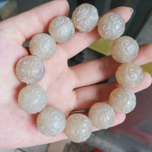 Joyeria fina Attractive Vintage weathered white agate embossed engraving auspicious Mens charm round beads bracelet