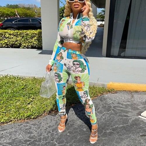 Pants Sets for Party Yong Girls Sexy Bodycon Printed Crop Tops & Skinny Trousers Fashion Evenig Night Club Outfits Matching Sets