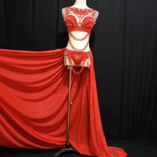 Red Stage Prom Sexy Sequin Gold Rhinestone Outfit Bra Short Skirt Crystal Design Party Dress Dj Female Singer Nightclub Costume