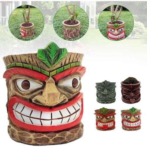 New Tiki Head Natural Resin Flower Pot Tiki Totem Decorative Indoor Outdoor Planter Round Statue Pot for Flowers Plants Herbs
