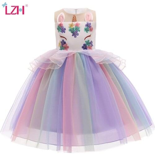 LZH 2021 Unicorn Rainbow Dress For Kids Fashion Mesh Baby Girls Clothing Childrens Princess Dress 3-10 Years New Party Clothes