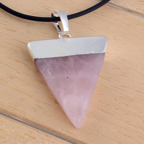 Trendy-beads Simple Style Silver Plated Natural Rose Pink Quartz Stone Geometric Pendant For Women Jewelry