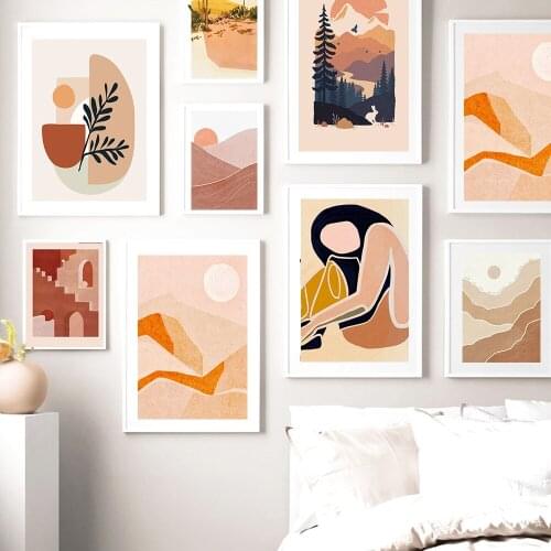 Burnt Orange Rainbow Sun Baby Nursery Wall Art Canvas Painting Pictures Mountain Cartoon Posters Print Baby Room Home Decoration