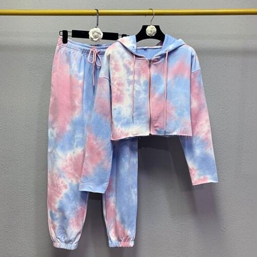 Autumn Streetwear Tie Dye Joggers 2 Piece Sets Women Hooded Jacket Sweatshirt Pants Two Piece Set Tracksuit Outfits Sweatpants