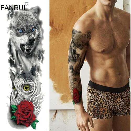 Wolf King Water Transfer Fake Flash Tattoo Arm Sleeve Men Big Body Art Temporary Tattoo Sticker Women Party Tatoo Rose Wise Owl