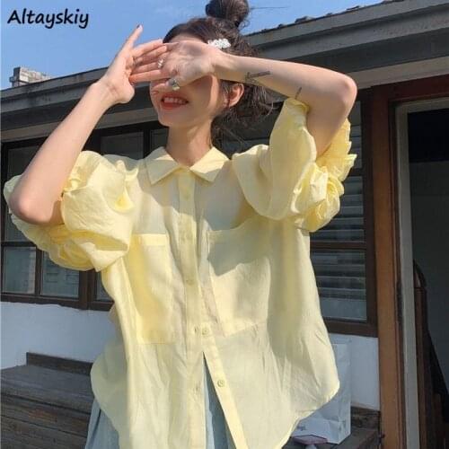 Shirt Women Puff Sleeve French Style Sweet Girls Summer All-match Sun-proof Solid Fashion Baggy Streetwear Simple Popular Cozy