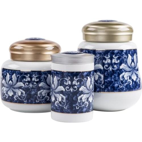 Blue Floral Ceramic Storage Jar with Alloy Lid Household Sealed Tea Cans Moisture-proof Large-capacity Coffee Bean Storage Jars