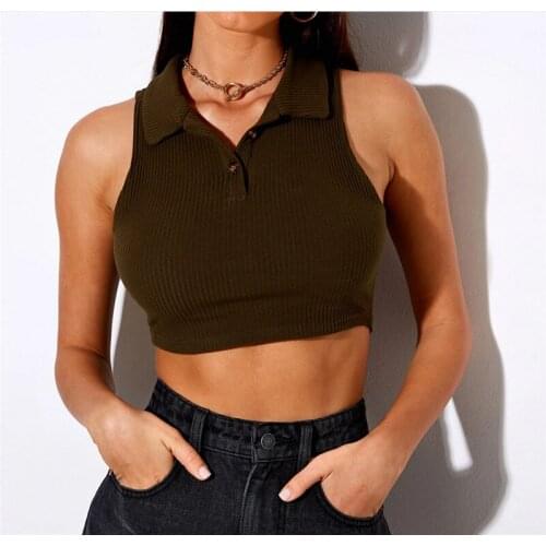 Hirigin Sleeveless Knitted Crop Top Women Sexy Backless Y2K Tank Top Summer Turn-down Collar Vest Ladies Button Knitwear Clothes