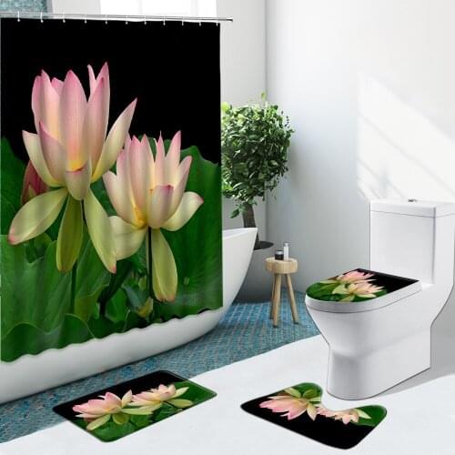 White Lotus Shower Curtain Sunflower Flower Non-Slip Flannel Rugs Toilet Cover Bathroom Set Bath Mat Home Indoor Decor Washable