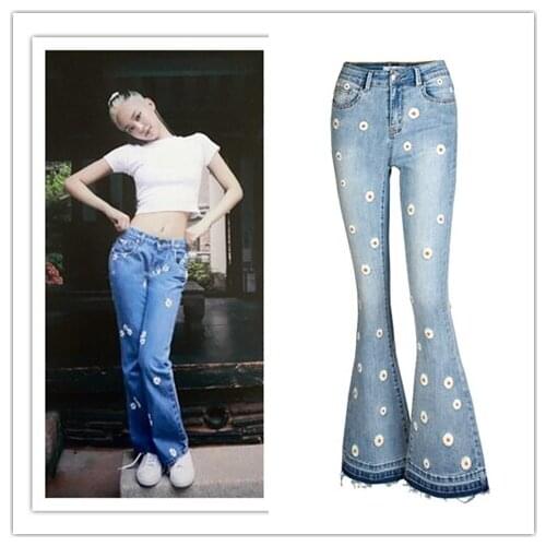 Kpop Seo Yea Ji IU Lee Ji Eun Light blue Retro High Waist flare Jeans Women summer new Fashion Flower embroidered Straight Jeans