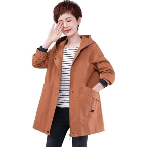 Middle aged Female Spring Trench Coat Plus size 5XL Hooded Outerwear Women Zipper Solid color Casual Top Loose Windbreaker 3308