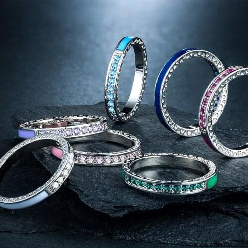 2019 Female Girls Geometric Ring Silver Color 7 Colors Crystal Ring Promise Wedding Engagement Rings For Women Best Gift