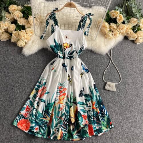 SINGREINY Women Retro Print Strap Dress Korean Fashion Sleeveless A-line Dress Summer Boho Off Shoulder Vacation Short Sundress