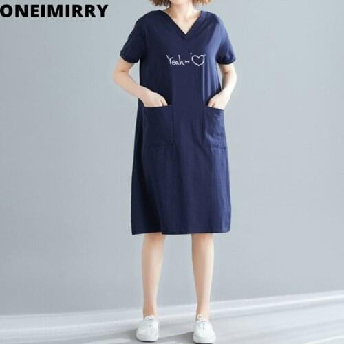 Oneimirry V-Neck Women Dress Letter Printed Short Sleeve Casual Long Dresses Girl Simple Loose Pocket Fashion Clothing Summer